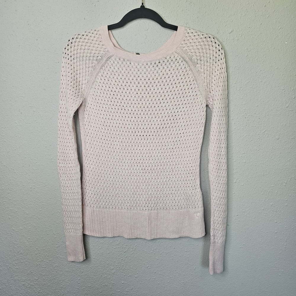 American Eagle Womens Blush Pink Pointelle Knit Sweater Back Zip Long Sleeve XS